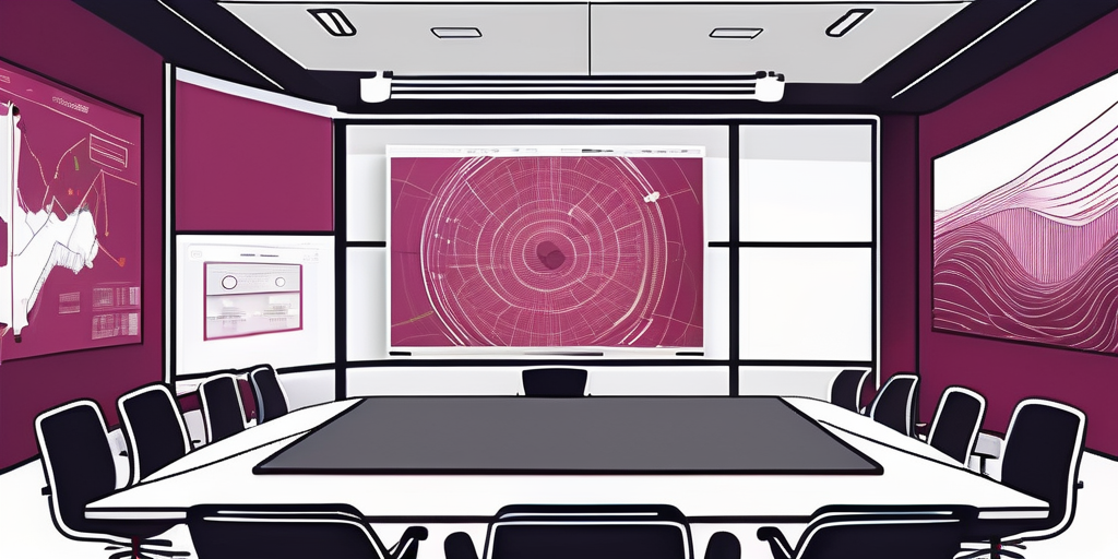 A modern conference room with a large screen displaying various digital tools